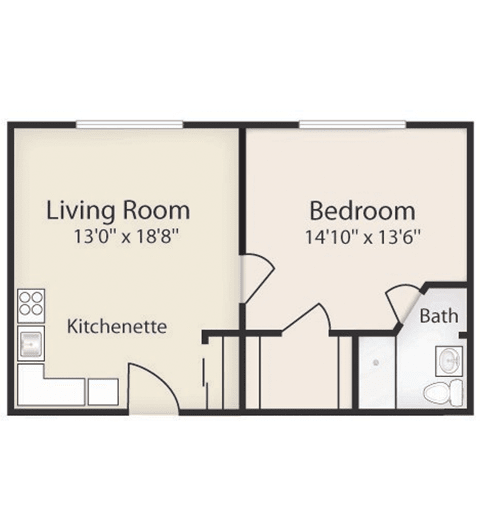 A simple floor plan of a one-bedroom apartment featuring a living room with kitchenette and a bathroom.