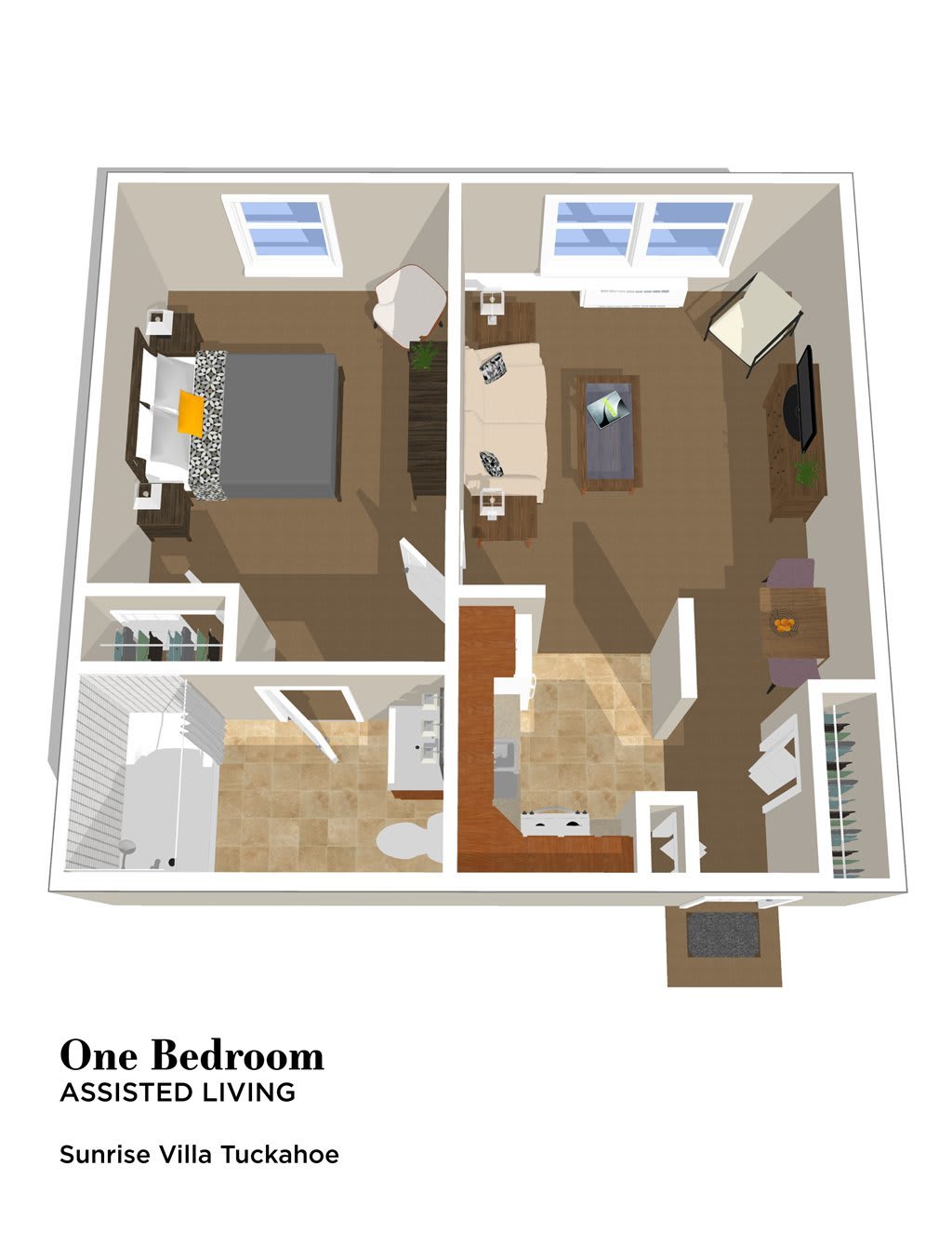 3D floor plan of a one-bedroom apartment.