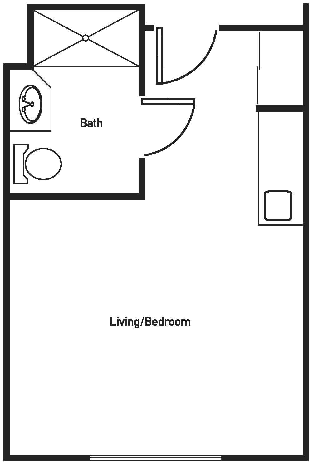 A simple floor plan of a studio apartment with a bathroom and living/bedroom area.