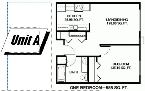 One-bedroom apartment floor plan with a total area of 585 square feet.