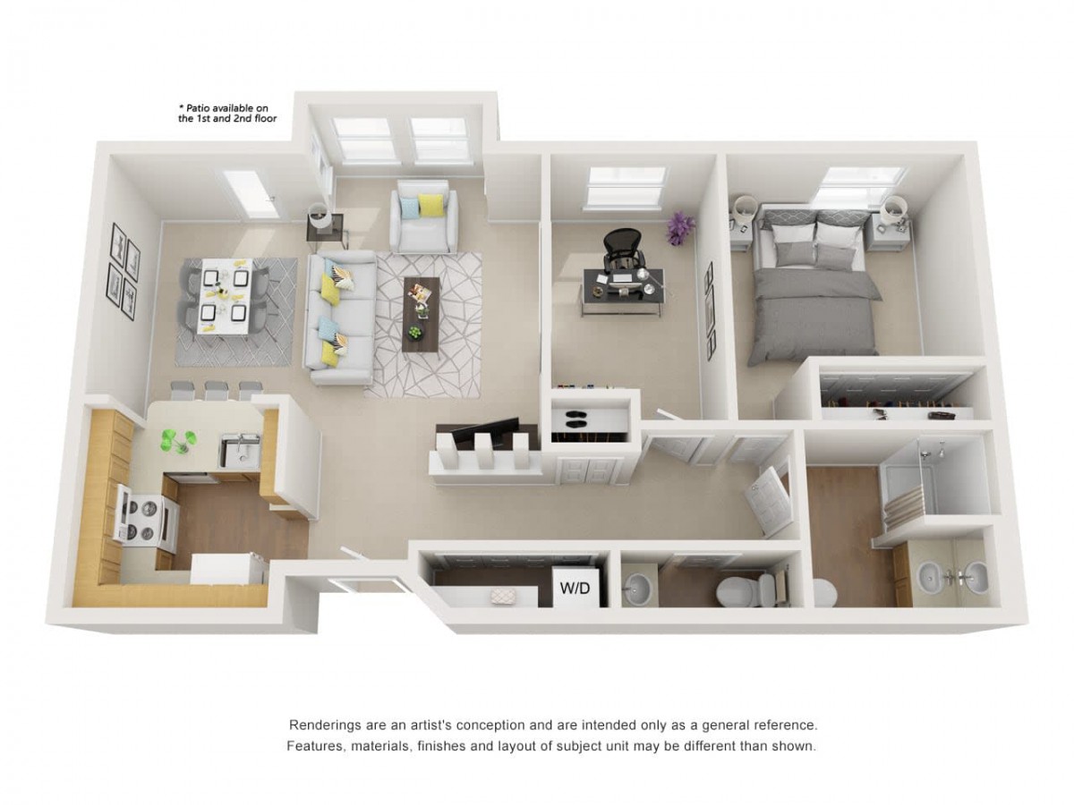 3D rendering of a modern two-bedroom apartment floor plan with a living room, kitchen, and bathroom.