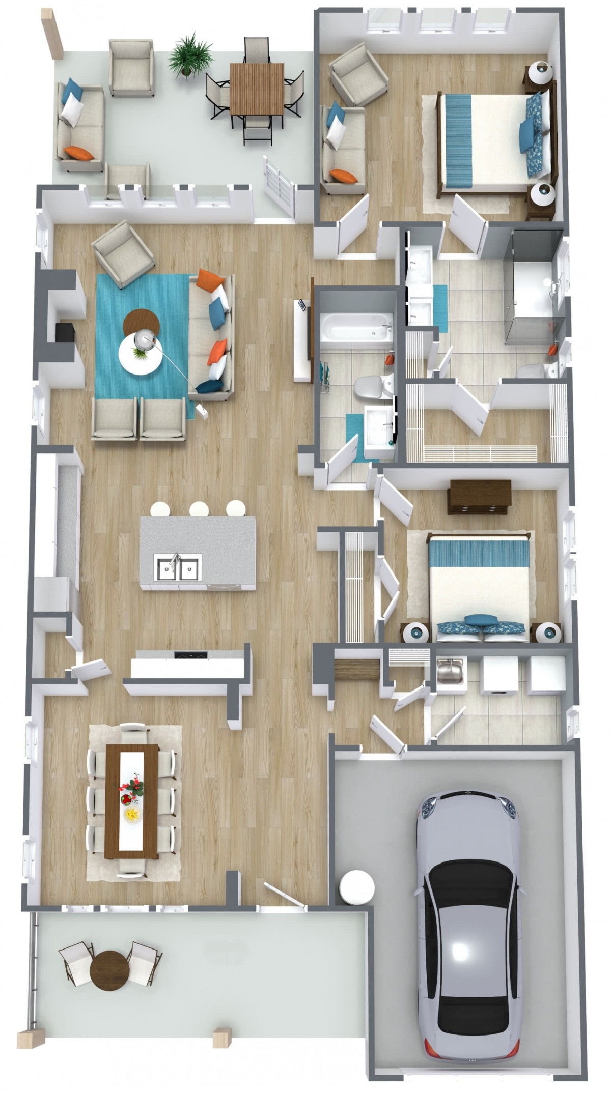 A detailed floor plan of a modern home showcasing various rooms including bedrooms, living area, kitchen, dining space, and garage.