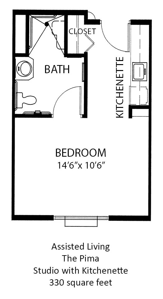 Floor plan of a studio apartment with a bedroom, bath, and kitchenette.