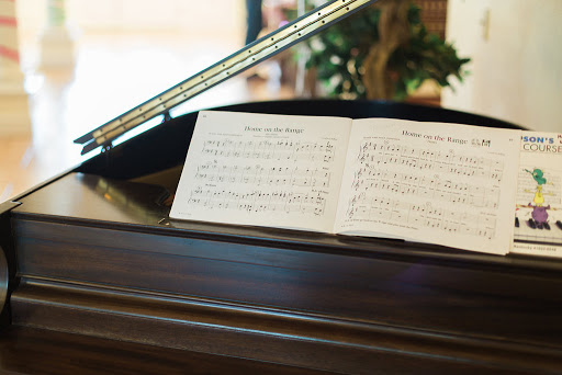 A close-up view of a piano with open sheet music, ready for a performance.