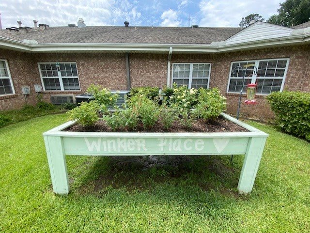 A raised planter box filled with greenery in front of a brick building.
