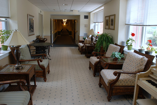 A well-decorated hallway with seating arrangements and greenery.