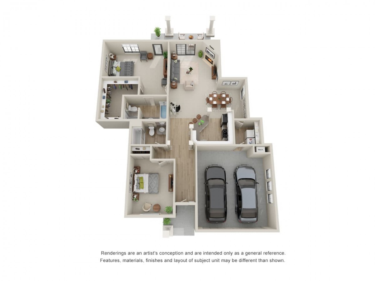 3D floor plan of a residential home featuring bedrooms, bathrooms, kitchen, living area, and garage.
