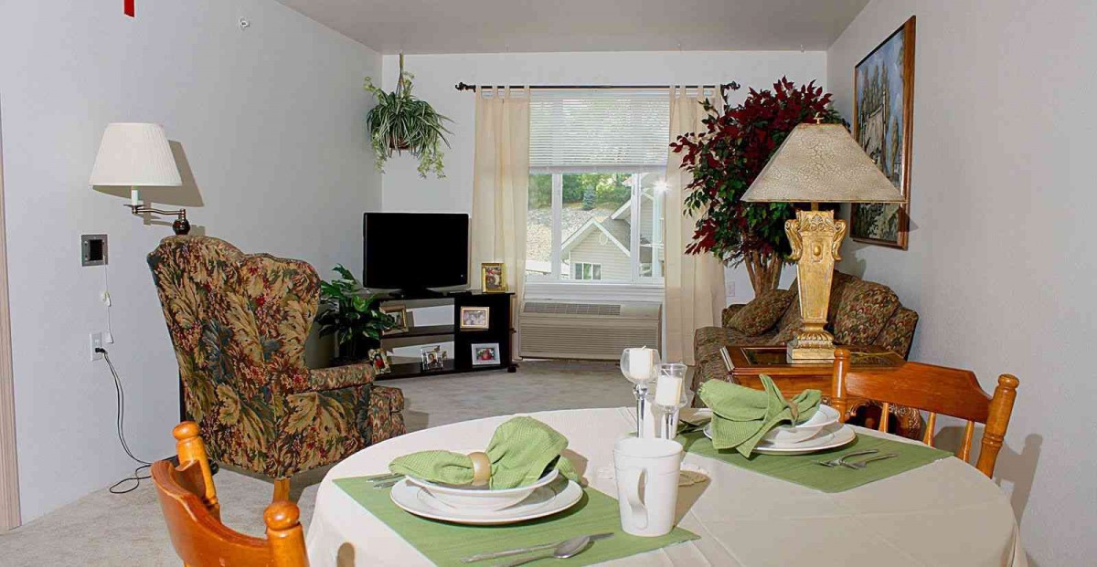 A cozy living room with a dining area featuring potted plants, a television, and a neatly set table.