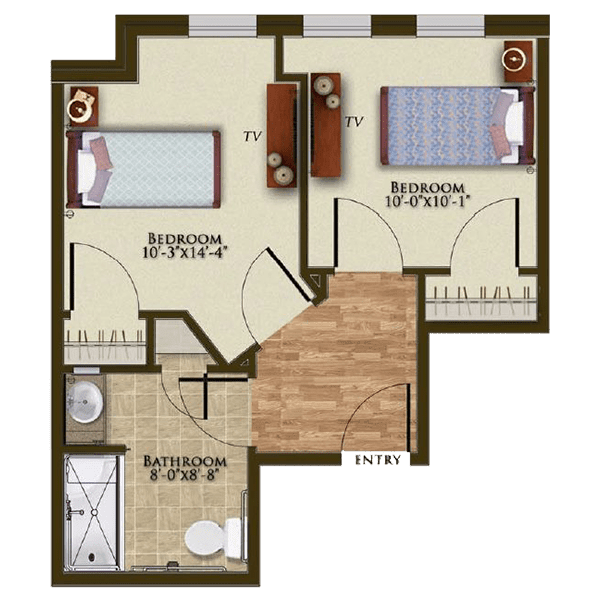 A floor plan of a two-bedroom apartment with a bathroom.