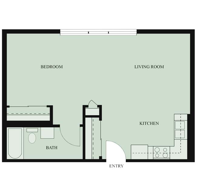 A simple floor plan showing a layout with a bedroom, living area, kitchen, and bathroom.