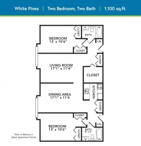 A floor plan of a two-bedroom, two-bathroom apartment measuring 1100 sq. ft.