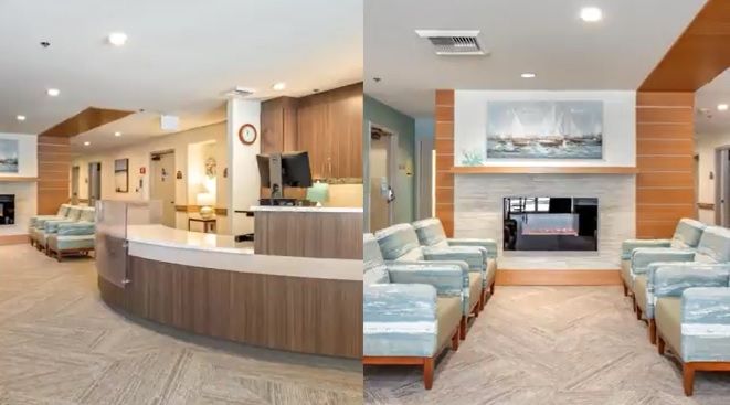 A modern reception and waiting area with sleek furniture and stylish decor.