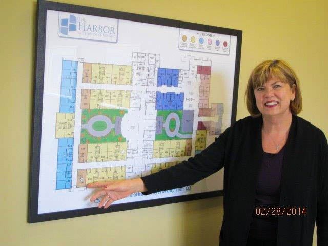 A person stands next to a framed map, pointing at it during a presentation.