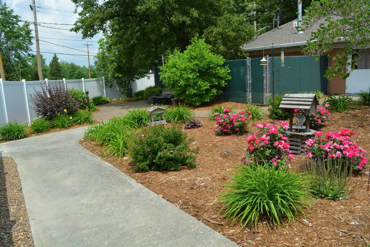 A beautifully landscaped garden with vibrant flowers and a paved pathway.