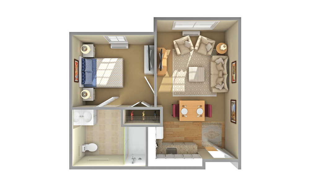 One-bedroom apartment floor plan with living area, kitchen, and bathroom.