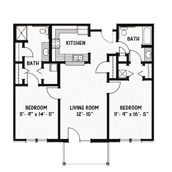 A floor plan of a two-bedroom apartment featuring a kitchen, living room, and two bathrooms.