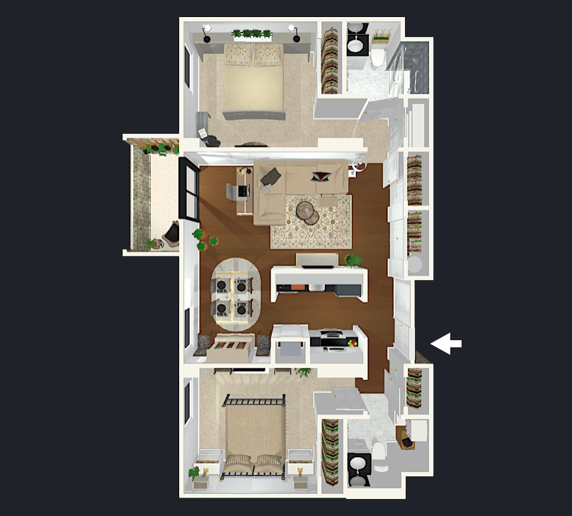 A detailed floor plan of a modern apartment showing the arrangement of rooms and furniture.
