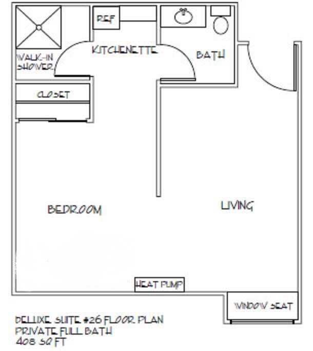 A floor plan of a studio apartment featuring a kitchenette, bathroom, bedroom with walk-in closet, and living area.