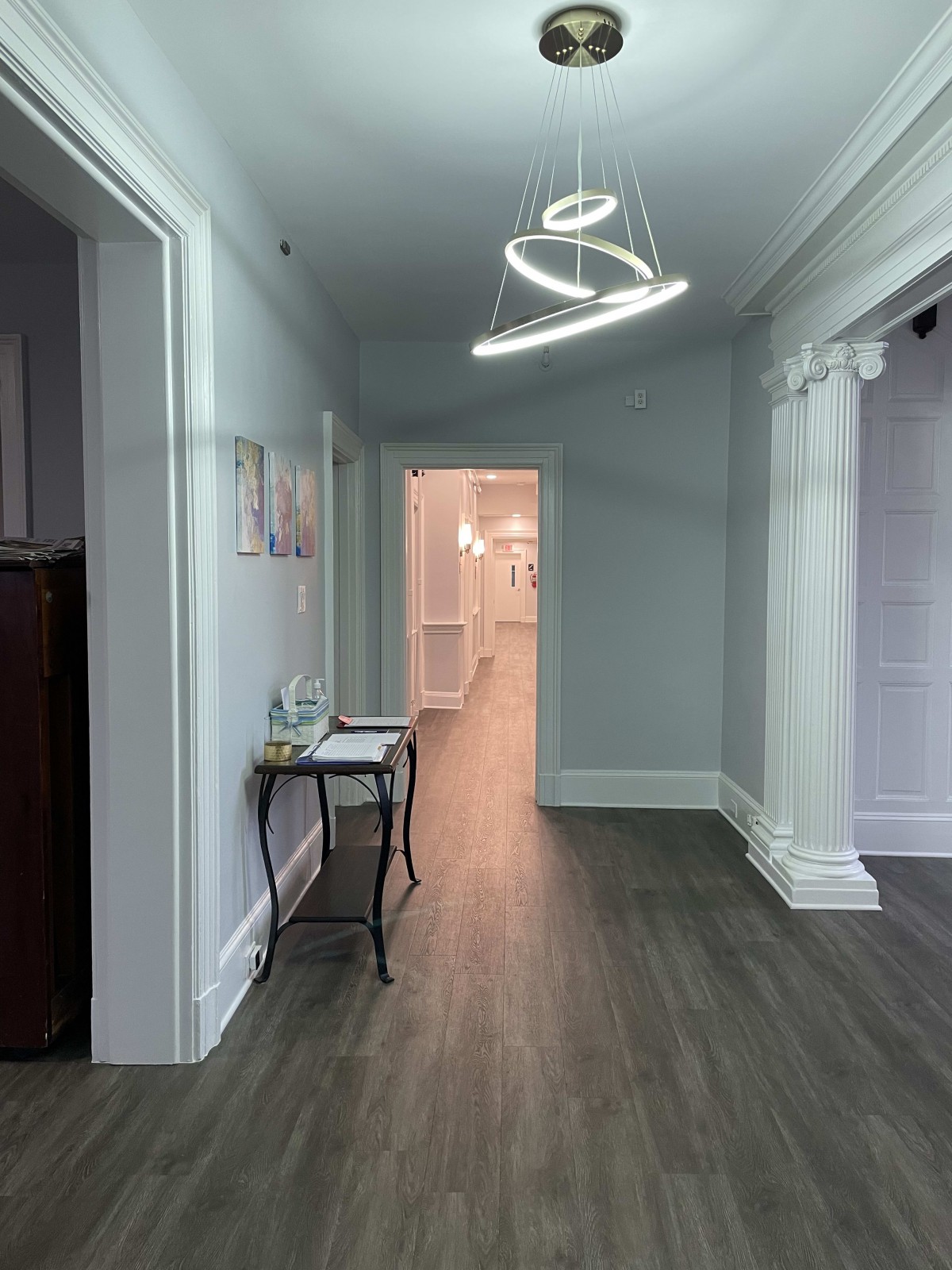 A stylish hallway featuring modern lighting and elegant wood flooring.