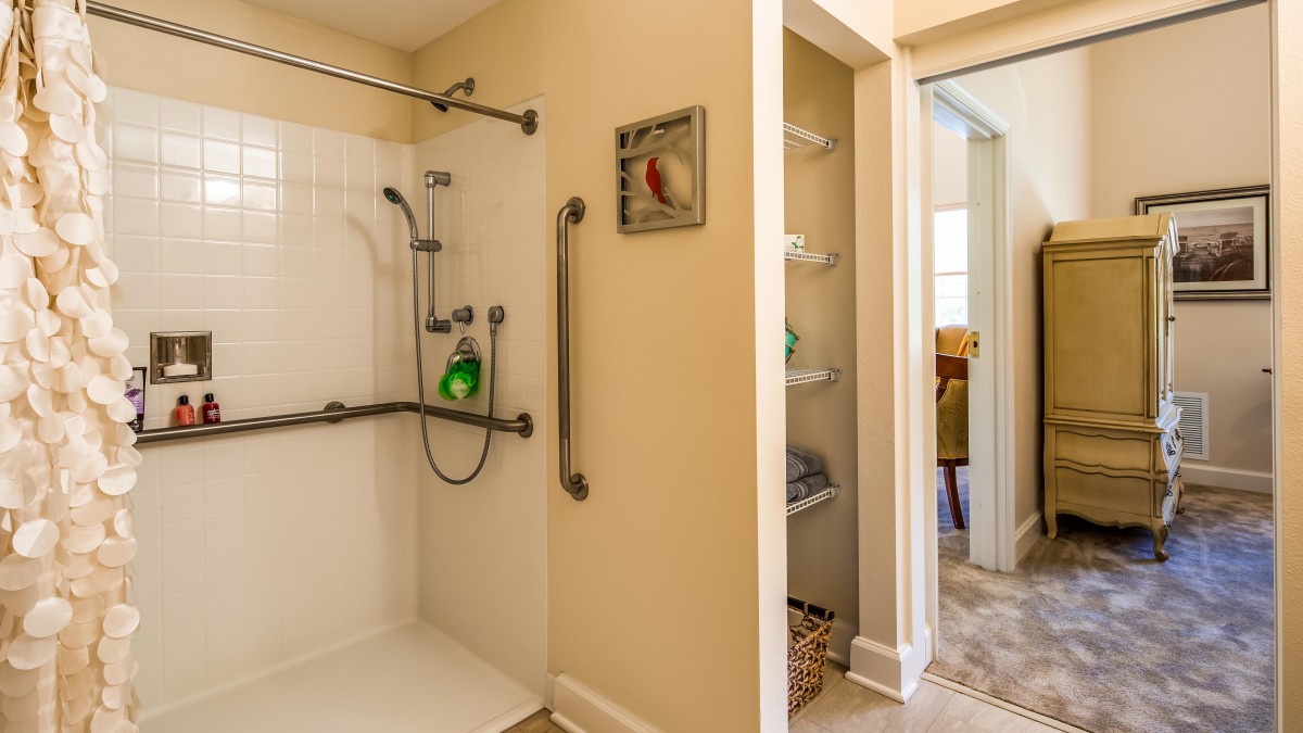 A bathroom featuring a walk-in shower with grab bars for safety.