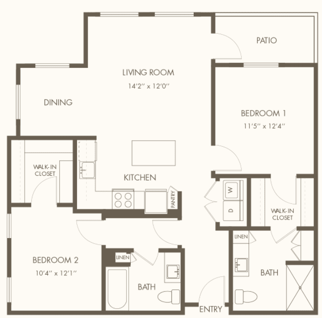 A floor plan of a two-bedroom apartment with labeled areas including living room, dining area, kitchen, and patio.