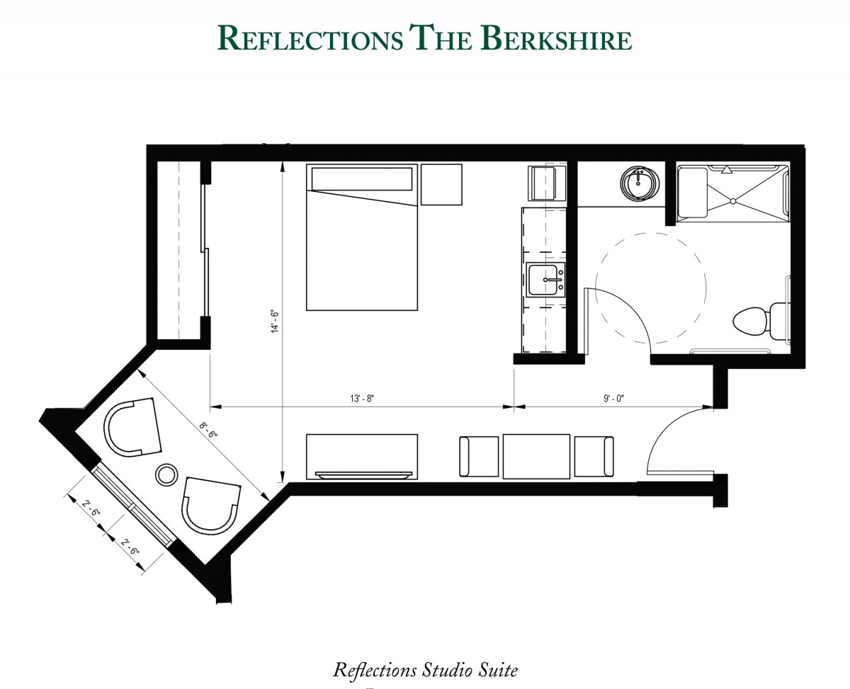 Floor plan of a studio apartment at Reflections The Berkshire.