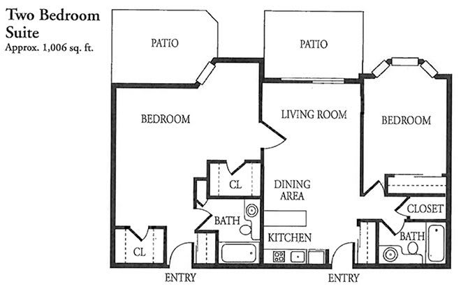 Floor plan of a one-bedroom apartment with patio, living room, dining area, kitchen, and bathroom.