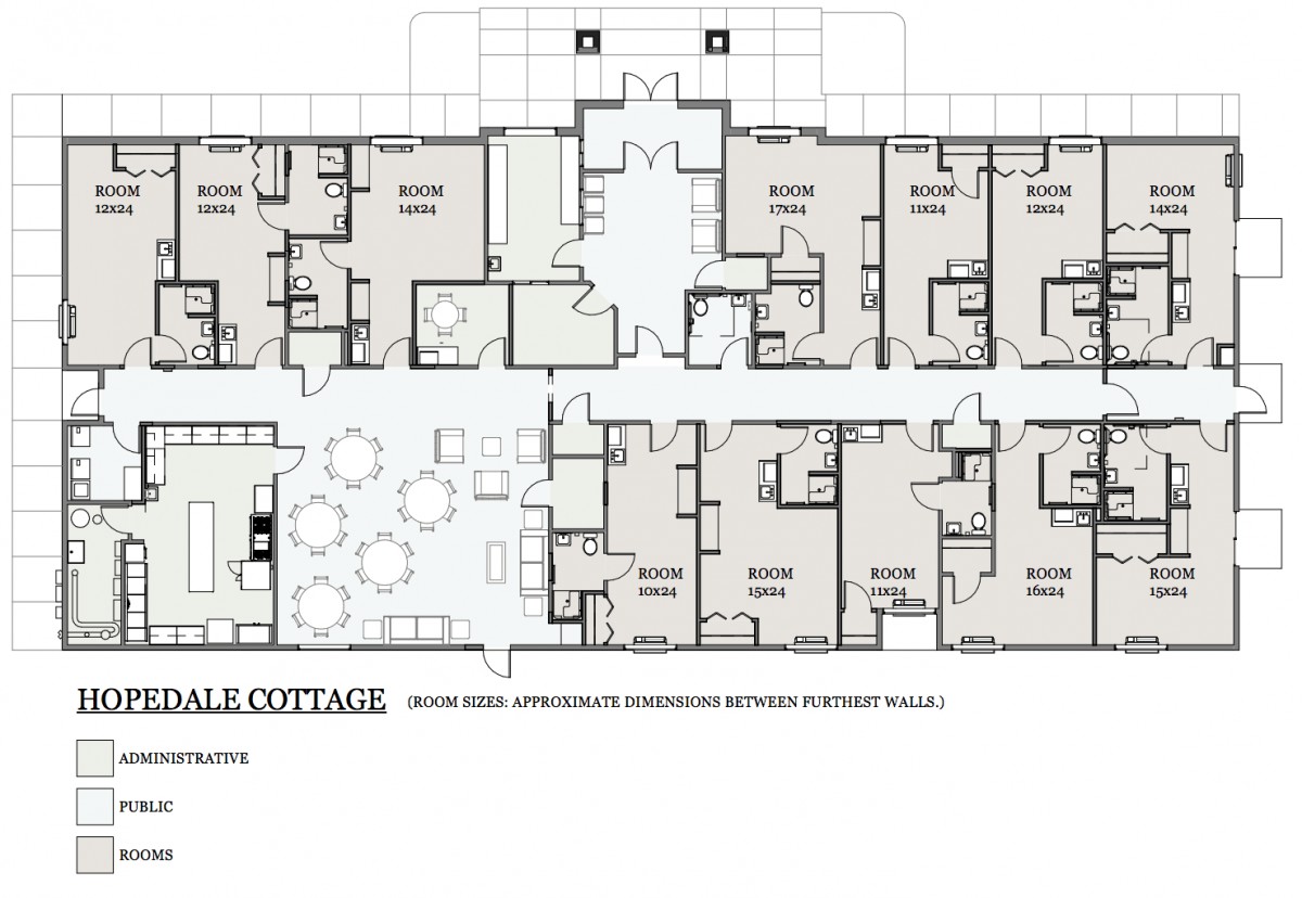 Architectural floor plan of a building layout with multiple rooms and communal areas.
