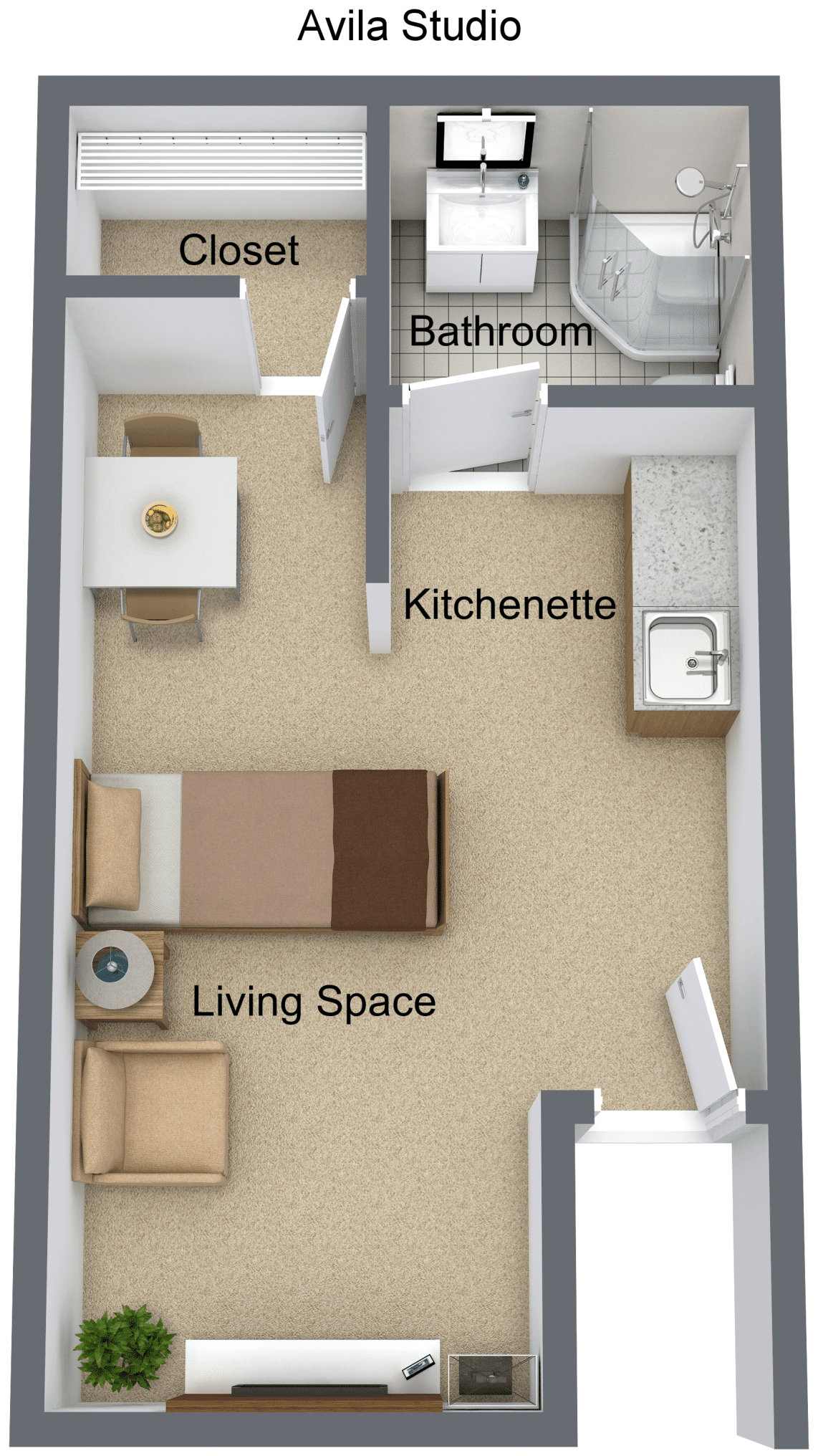 Studio apartment floor plan with kitchenette and living space.