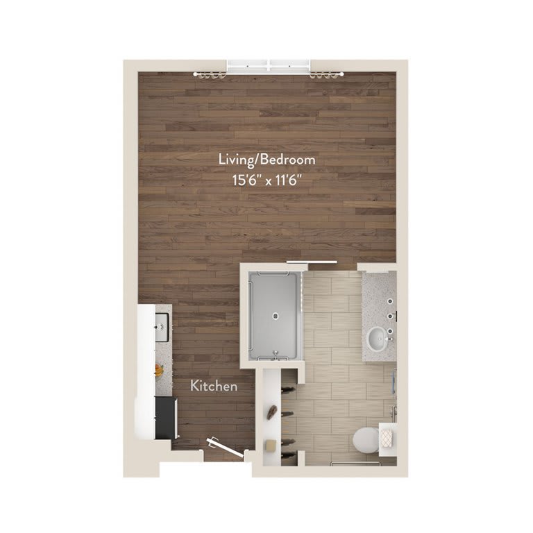 Studio apartment floor plan with living/bedroom area, kitchen, and bathroom.