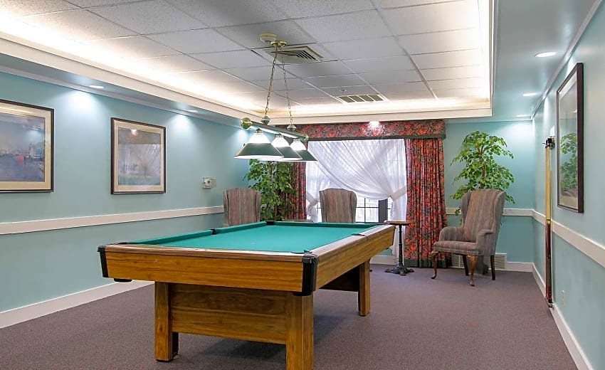 A well-lit game room featuring a billiard table surrounded by comfortable chairs and greenery.