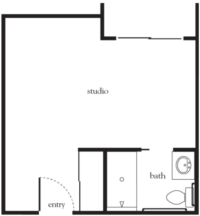 A floor plan of a studio apartment with an entryway, bathroom, and main living area.