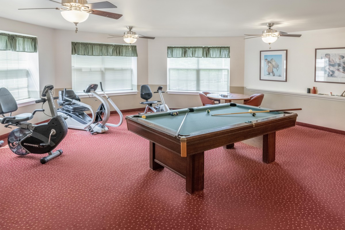 A game room featuring a pool table and exercise equipment with a carpeted floor.