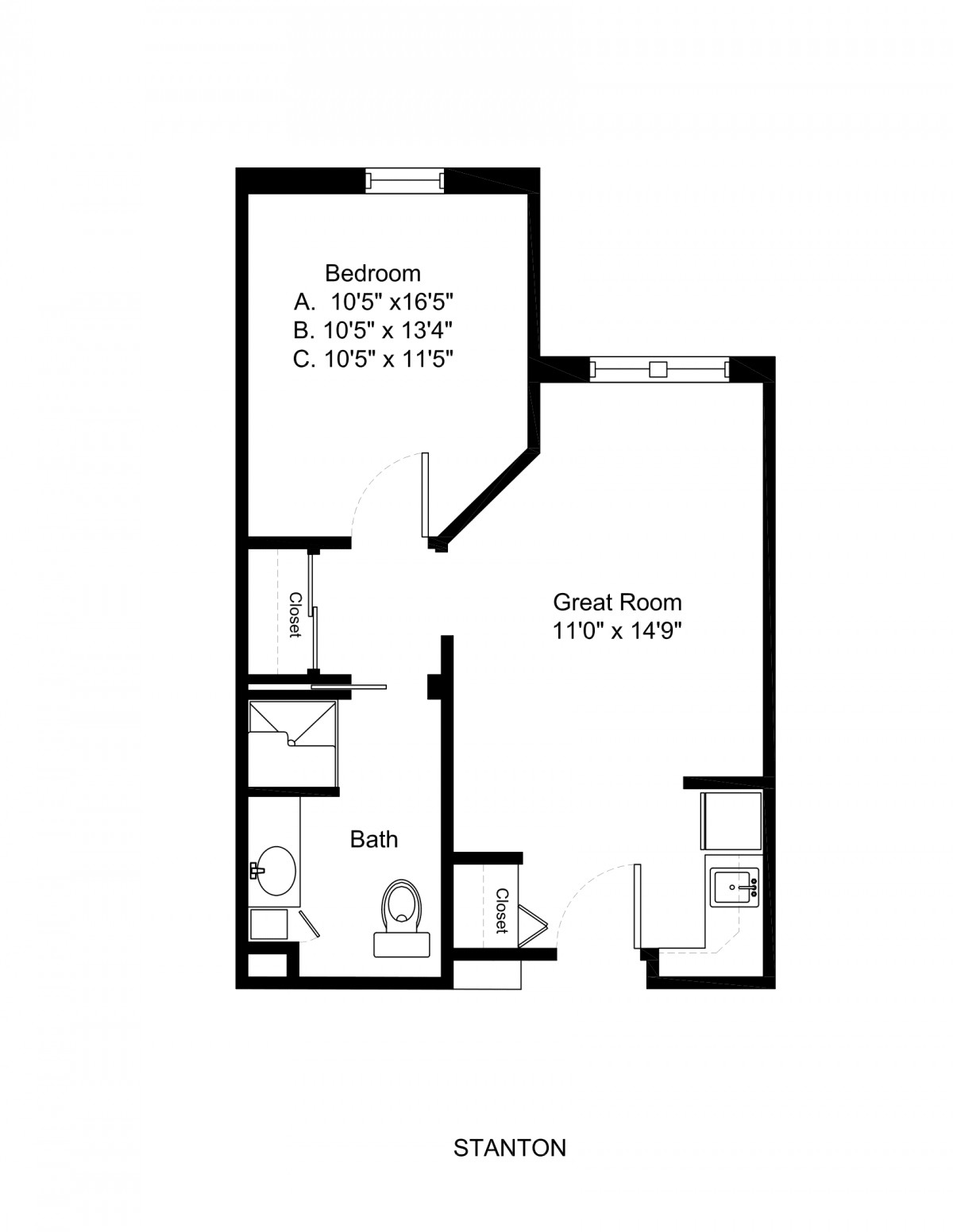 A one-bedroom apartment floor plan with labeled room dimensions.