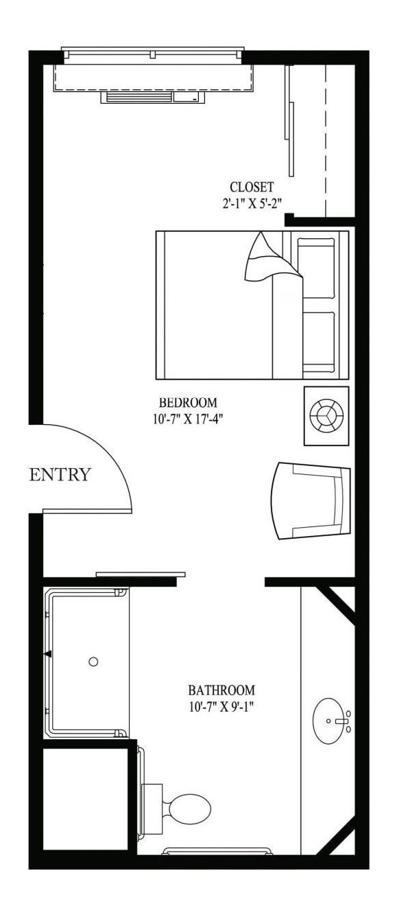 A floor plan of a bedroom with labeled furniture and dimensions.