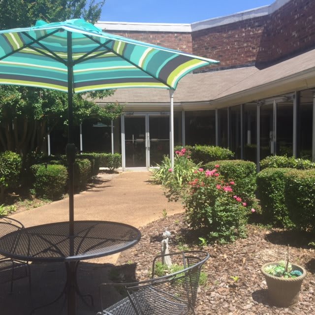 A sunny patio area with an umbrella and outdoor seating surrounded by a garden.