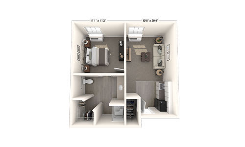 A 3D floor plan depicting a small apartment layout with a bedroom, living room, bathroom, and closet.