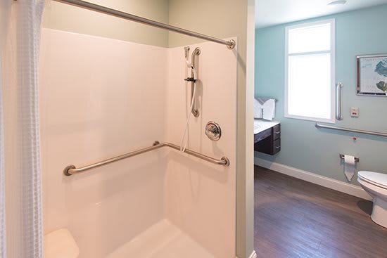 Modern bathroom with an accessible shower and grab bar.