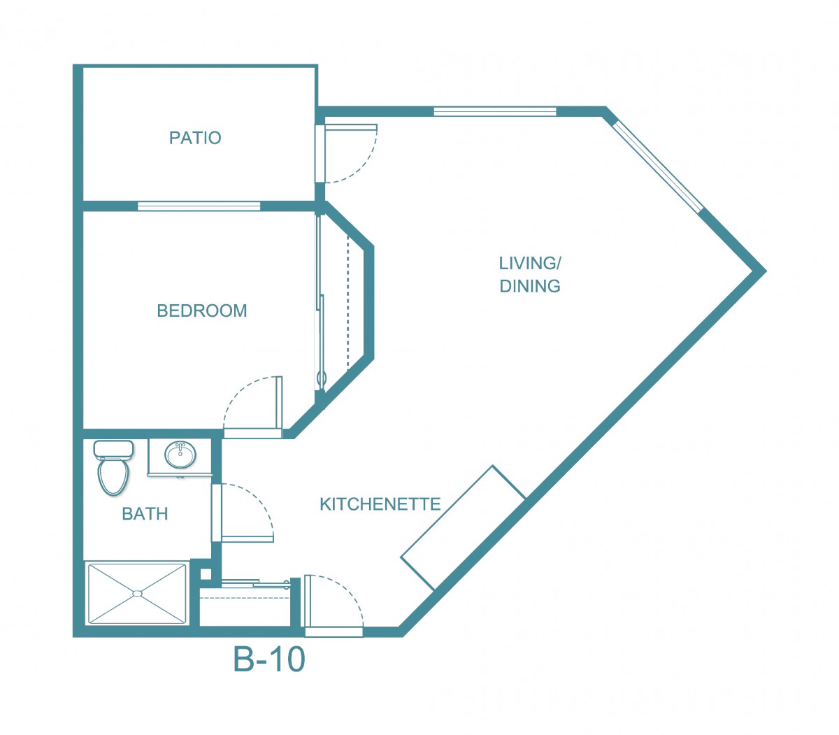 A geometric apartment floor plan featuring one bedroom, a bathroom, and a kitchen area.