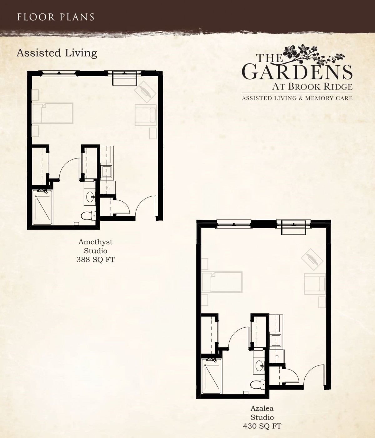 A floor plan layout for The Gardens at Town Square, showcasing two different configurations of assisted living apartments.