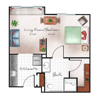 A hand-drawn floor plan of a studio apartment featuring a combined living and sleeping area, kitchen, and bathroom.