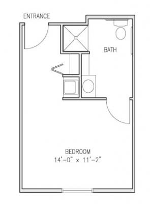 Floor plan of a bedroom with an attached bathroom.