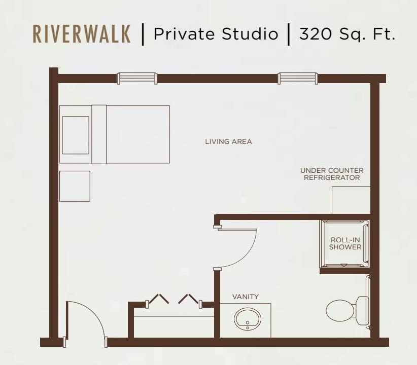 Floor plan of a 320 square foot private studio apartment.