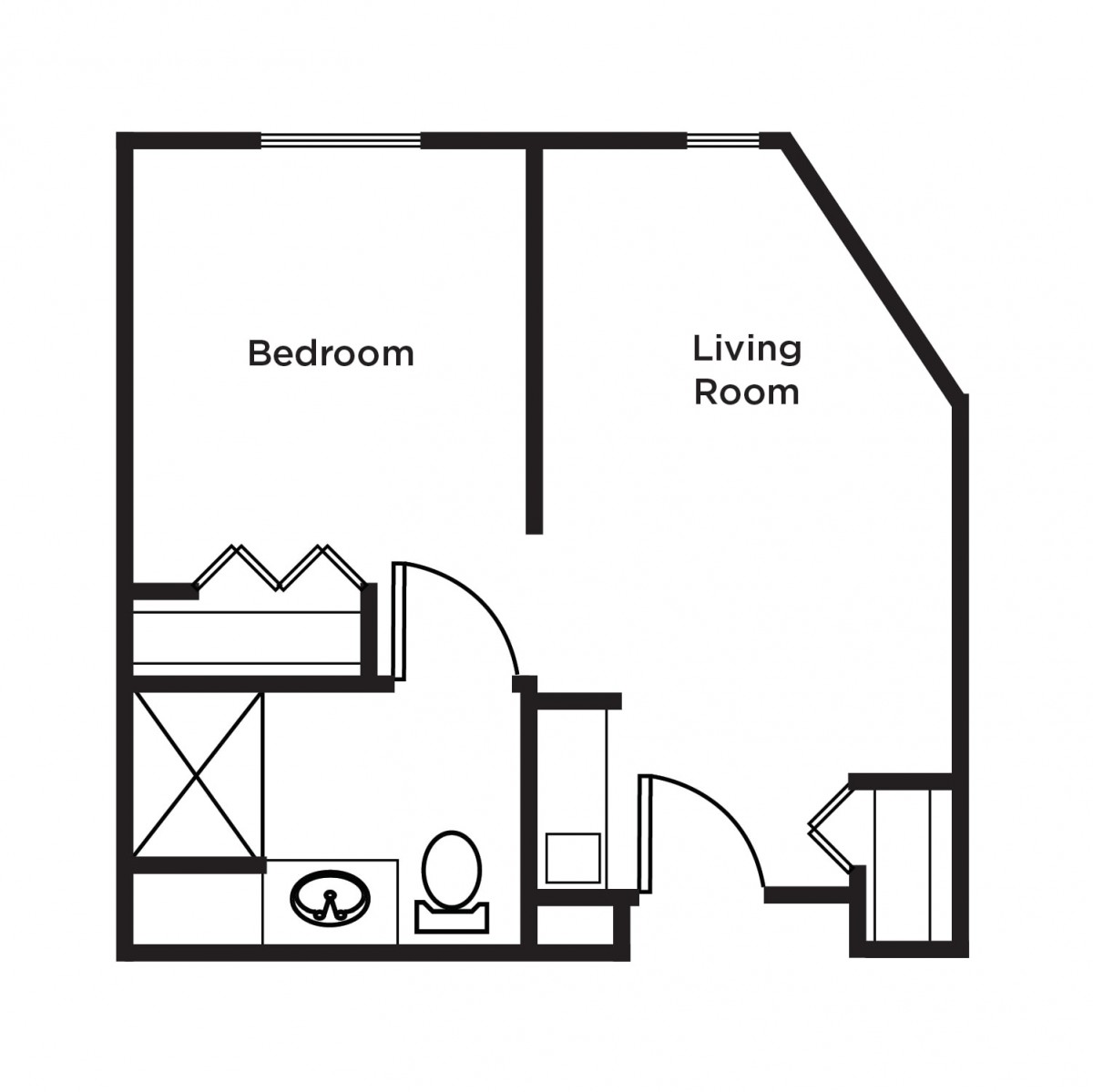 A simple floor plan showing a one-bedroom apartment with a living room and bathroom.
