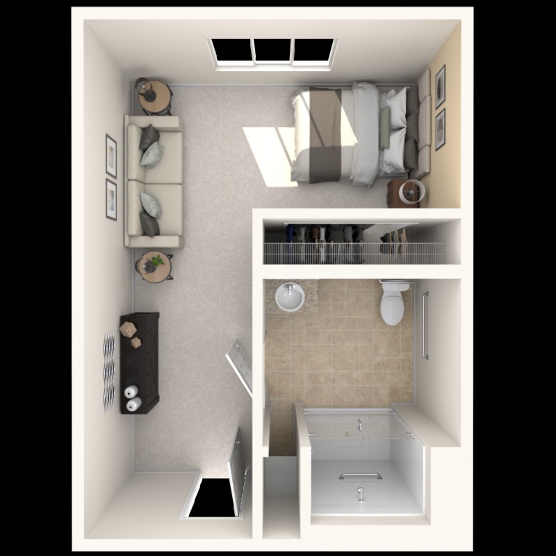 Aerial view of a one-bedroom apartment floor plan with furniture arrangement.