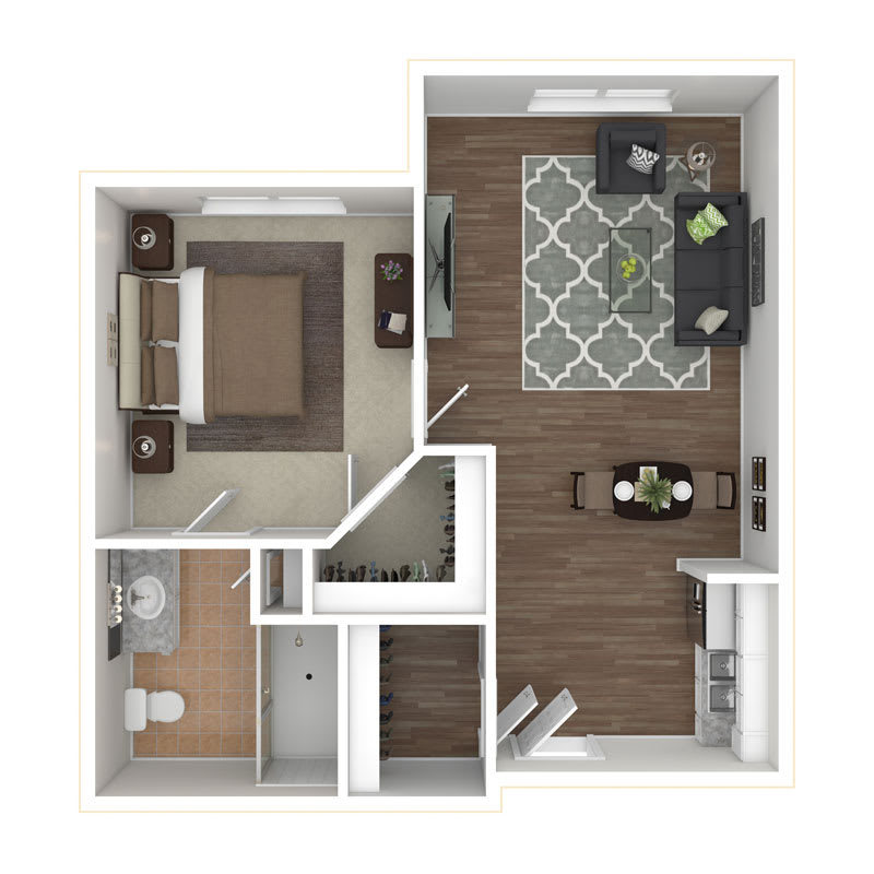 A floor plan of a one-bedroom apartment with designated areas for the living room, kitchen, and bathroom.