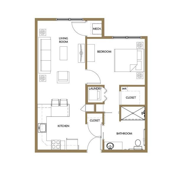 A simple floor plan of an apartment showcasing the layout of rooms and key features.