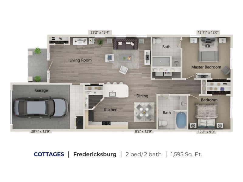 Floor plan of a two-bedroom, two-bathroom cottage with garage.