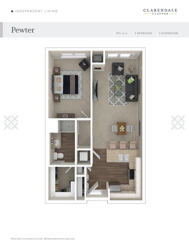 A modern 1-bedroom apartment floor plan with a living room, kitchen, and bathroom.