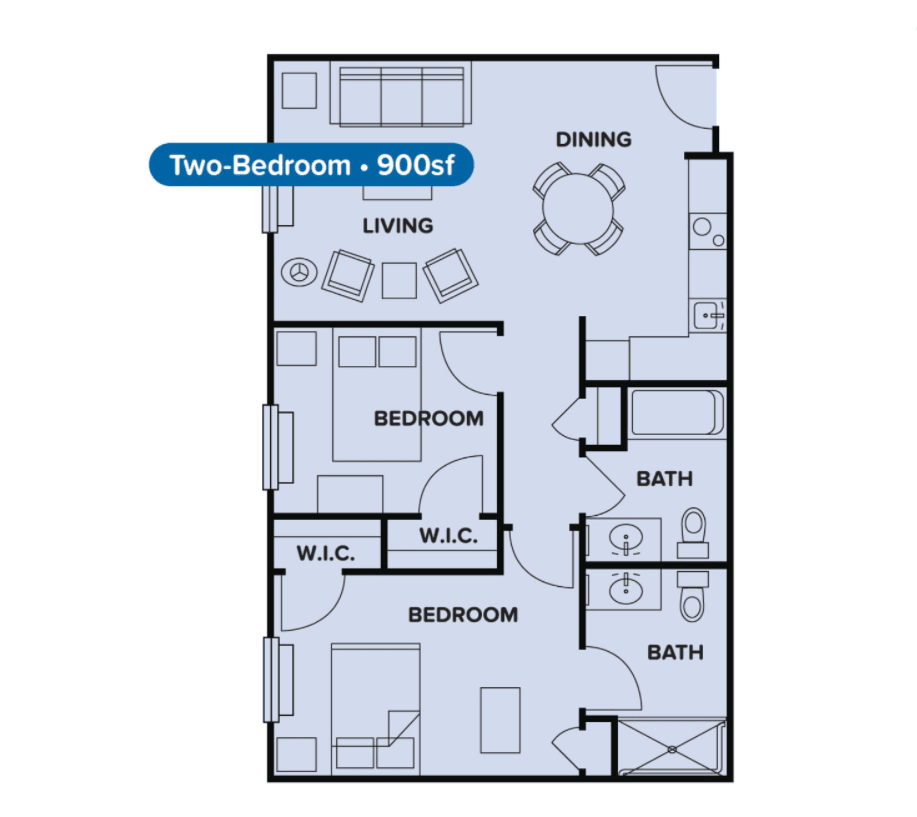 A floor plan of a two-bedroom apartment with an area of 920 square feet.